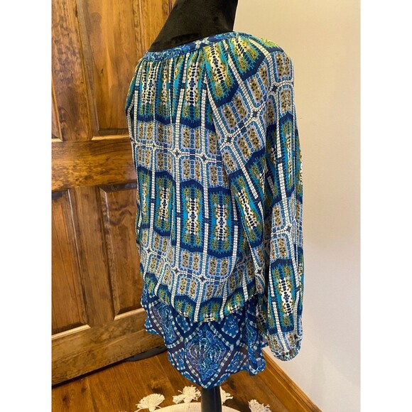 FIGUEROA & Flower Blouse Sz Large Boho Peasant Elastic Waist Blue Green Top - Picture 7 of 12